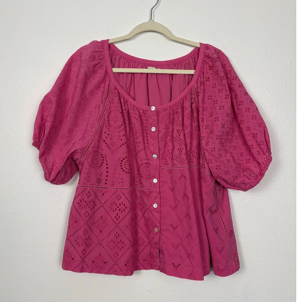 Faherty Button Down Eyelet Pink Balloon Sleeve Blouse Organic Cotton XXL